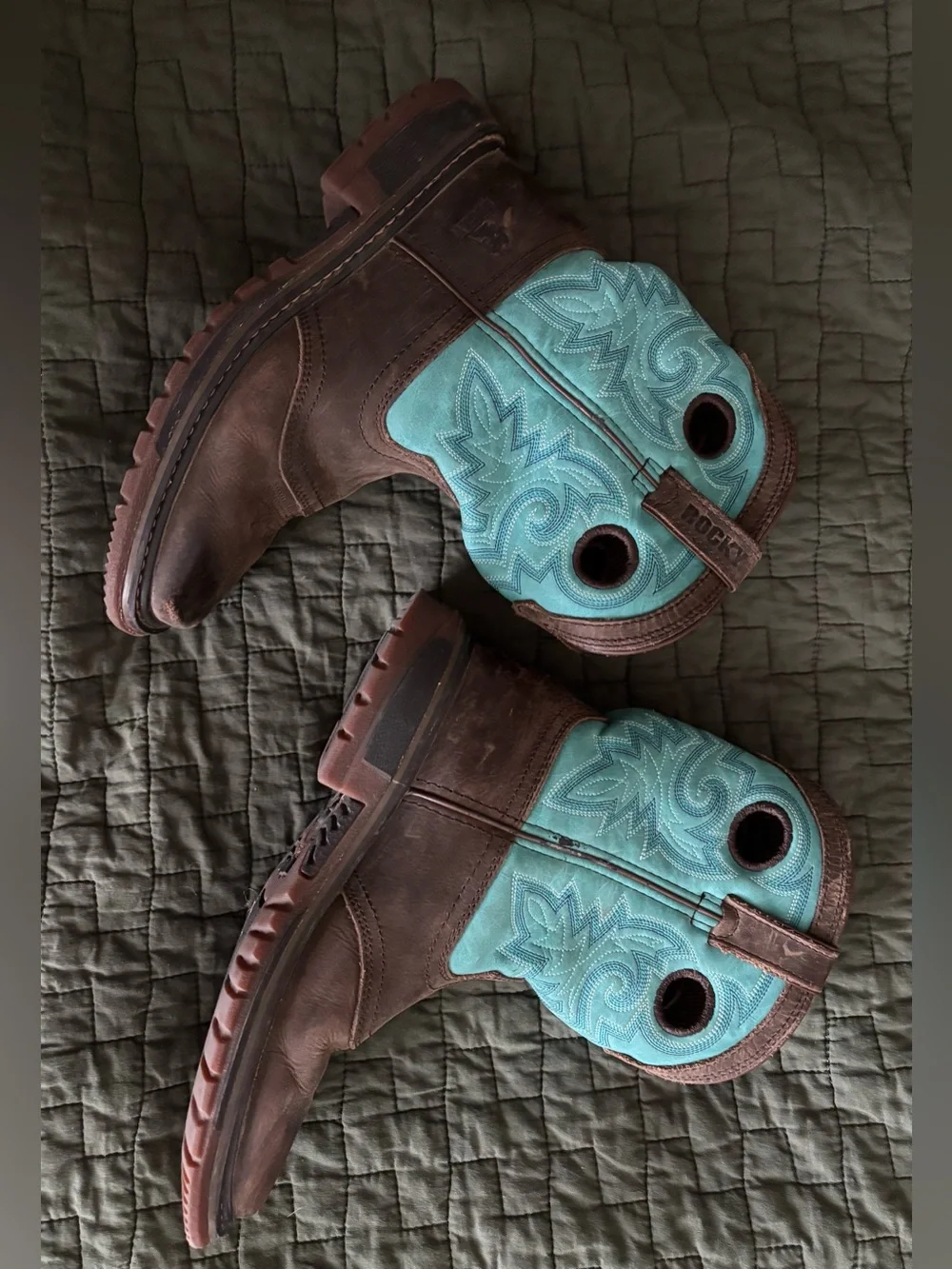 Rocky Brown and Turquoise Kids Pull-On Western Boots